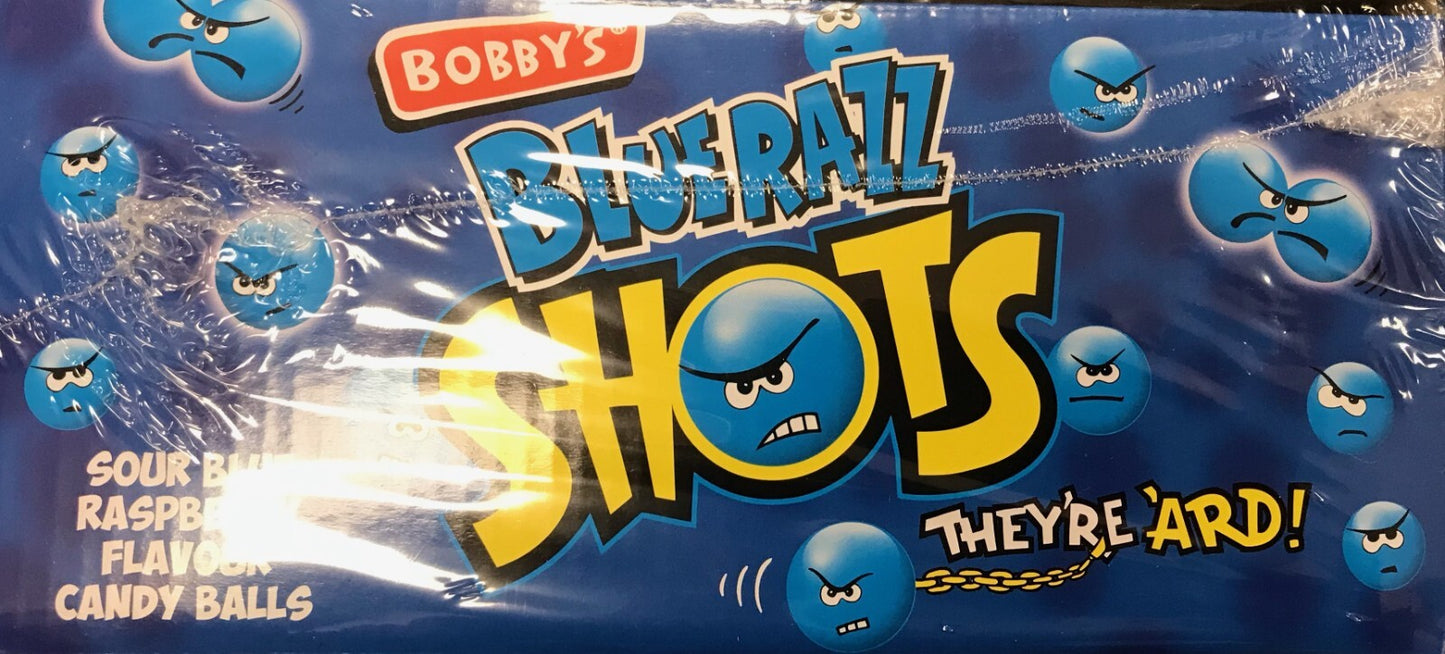 Bobbys Blue Razz Shots Sour Blue Raspberry Flavour Candy Balls Kids Sweets1