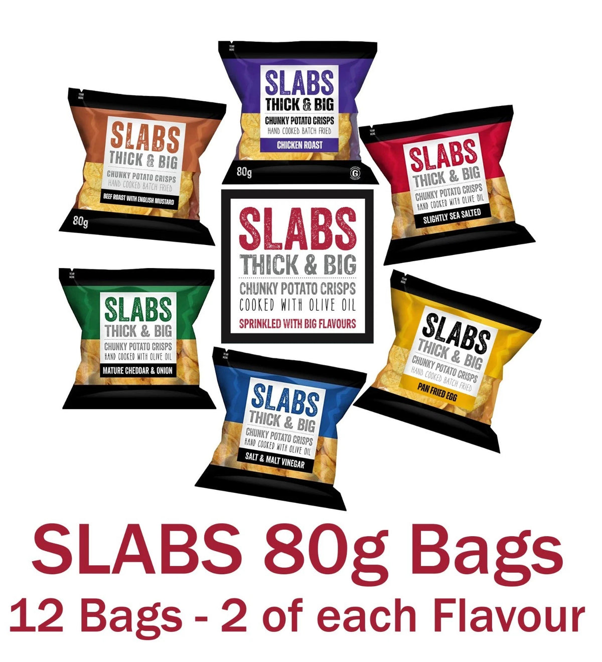 Slabs Mixed Box of Thick and Big Potato Crisps 12 x 80g Packs - 2 of each Flavour