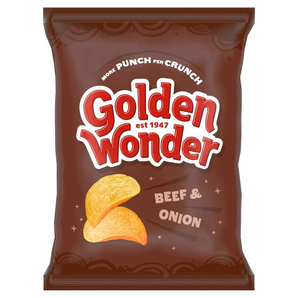 Full Box of 32 Packs of Golden Wonder Beef & Onion Crisps 32.5g Bags