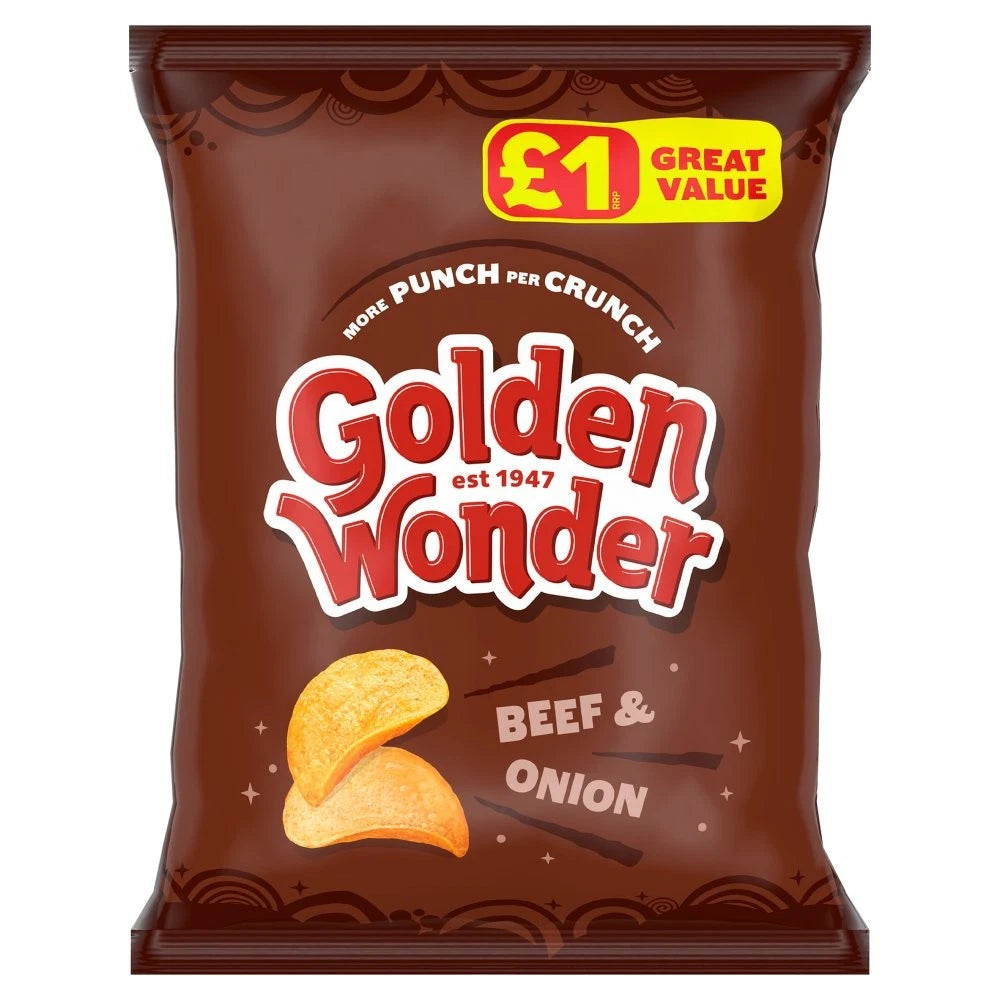 Full Box of Golden Wonder Beef and Onion Crisps 57g x 18 Pack - £1 Bags