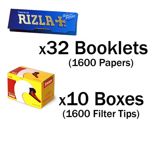 10 Boxes of Swan Filter Tips and 32 Booklets of Rizla Blue Standard - 1600 of each