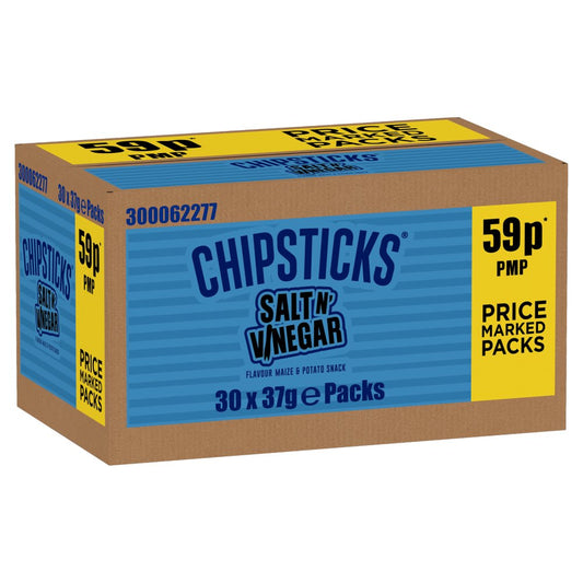 Full Box of 30 Bags 37g Smiths Chipsticks Salt and Vinegar Snacks Crisps