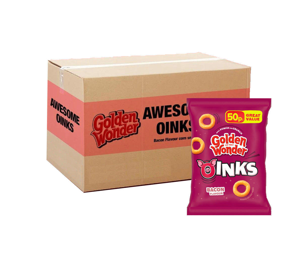 30x Golden Wonder Awesome Oinks Bacon Snacks 27g  Full Box – Porky Crunch Treat