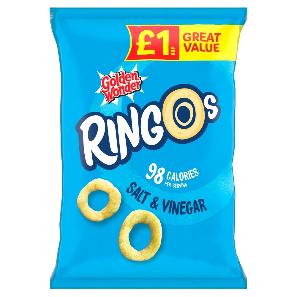 18 x Golden Wonder Ringos Salt & Vinegar 40g – Full Box – Light & Crunchy Crisps0