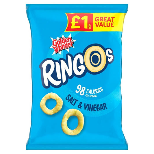 18 x Golden Wonder Ringos Salt & Vinegar 40g – Full Box – Light & Crunchy Crisps0