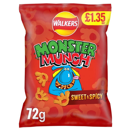 15 x Monster Munch Flamin’ Hot Crisps 72g – Full Box – Sweet & Spicy Share Bags0