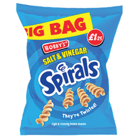 Bobby's Spirals Salt and Vinegar Crisps Full Box Of 15 Packets at 63g Each Pack0