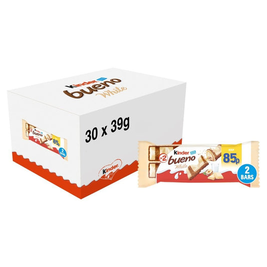 KINDER BUENO 2 BAR 39g x 30 Packets (Full Box) WHITE CHOCOLATE ONLY £24.950