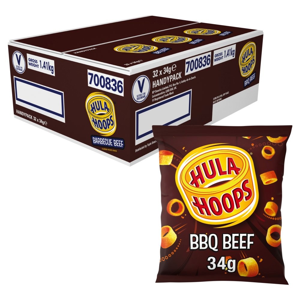 32 x Hula Hoops BBQ Beef Crisps 34g – Full Box – Crunchy Potato Rings0
