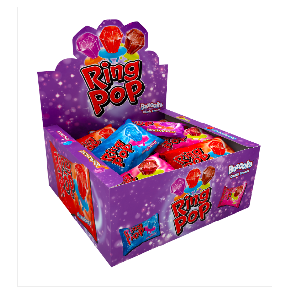 Box of 24 Bazooka Ring Pop 15g Packs Cola, Raspberry, Strawberry & Cola Flavour0