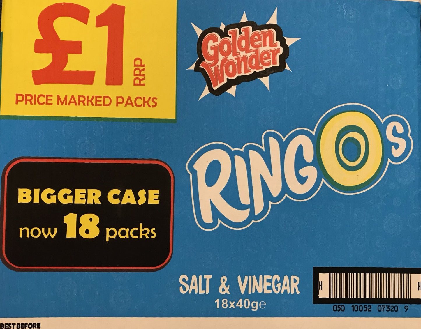 18 x Golden Wonder Ringos Salt & Vinegar 40g – Full Box – Light & Crunchy Crisps1