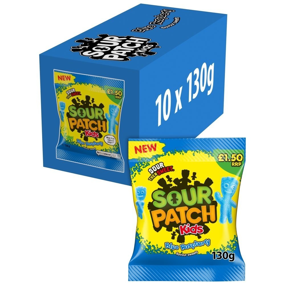 Full Box of Sour Patch Kids Blue Raspberry Sweets Bag Pack of 10 x 130g0