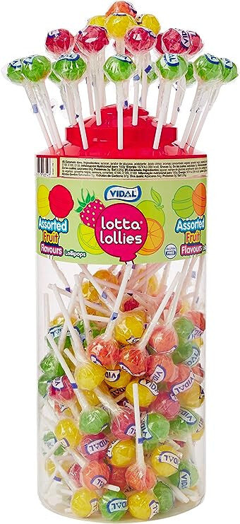 150 x Vidal Fruit Flavour Lollipops – Full Drum – Assorted Sweets Party Favours0
