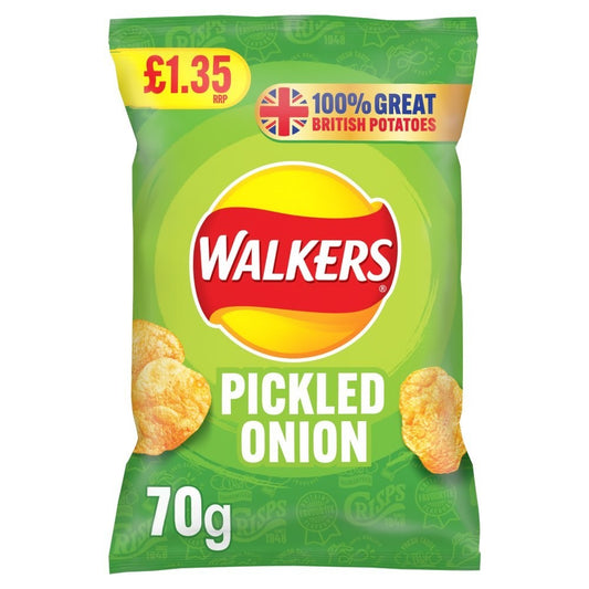 Full Box 18 Packs Walkers Pickled Onion Crisps £1.35 RRP 70g0