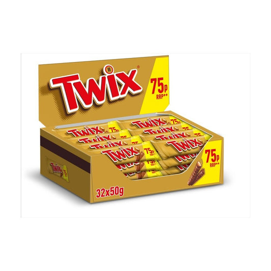 Full Box of 32 TWIX Chocolate Biscuit Price Marked Twin Bars 50g Std REDUCED0