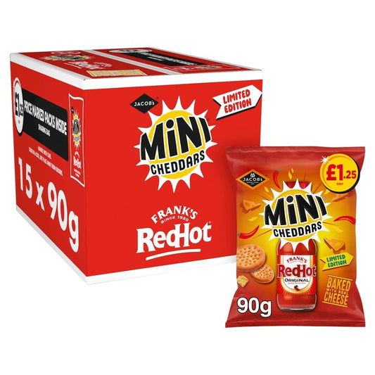 15 x Mini Cheddars Frank’s RedHot 90g – Full Box – £1.25 PMP Spicy Cheese Snacks0