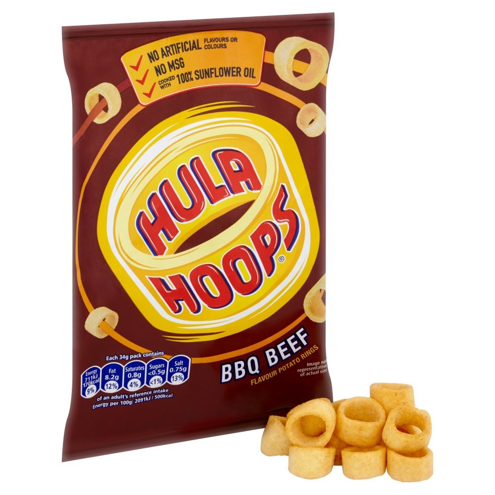 32 x Hula Hoops BBQ Beef Crisps 34g – Full Box – Crunchy Potato Rings2