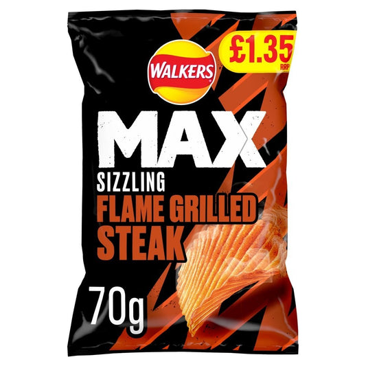 Walkers MAX Flame Grilled Steak Crisps 15 x 70g Bags – £1.25 PMP Full Box Snacks0