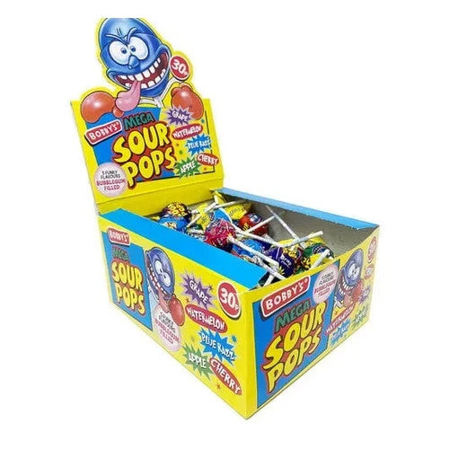 Bobby's Mega Sour Lollipops Bubblegum Filled 55 x Lollies Pops 21g each0