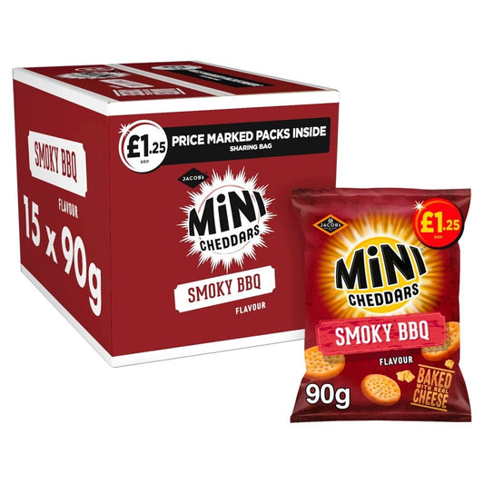 15 x Mini Cheddars Smoky BBQ 90g – Full Box – £1.25 PMP REWDUCED SHORT DATED0