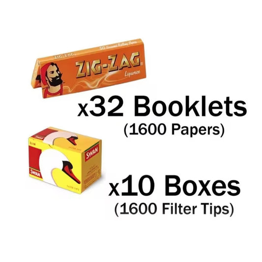 10 Boxes of Swan Filter Tips and 32 Booklets of Zig Zag Liquorice Papers - 1600 of each