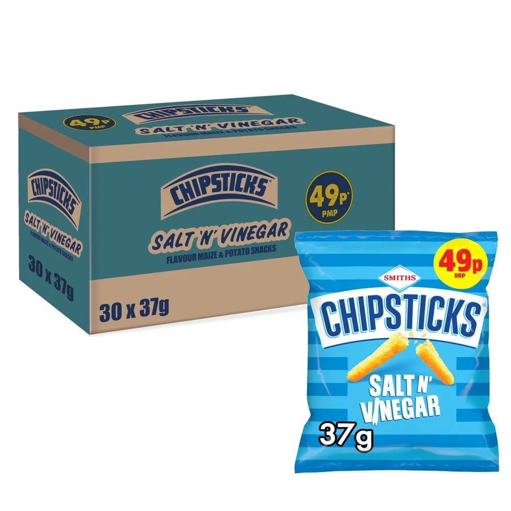 Full Box of 30 Bags 37g Smiths Chipsticks Salt &amp; Vinegar Snacks Crisps