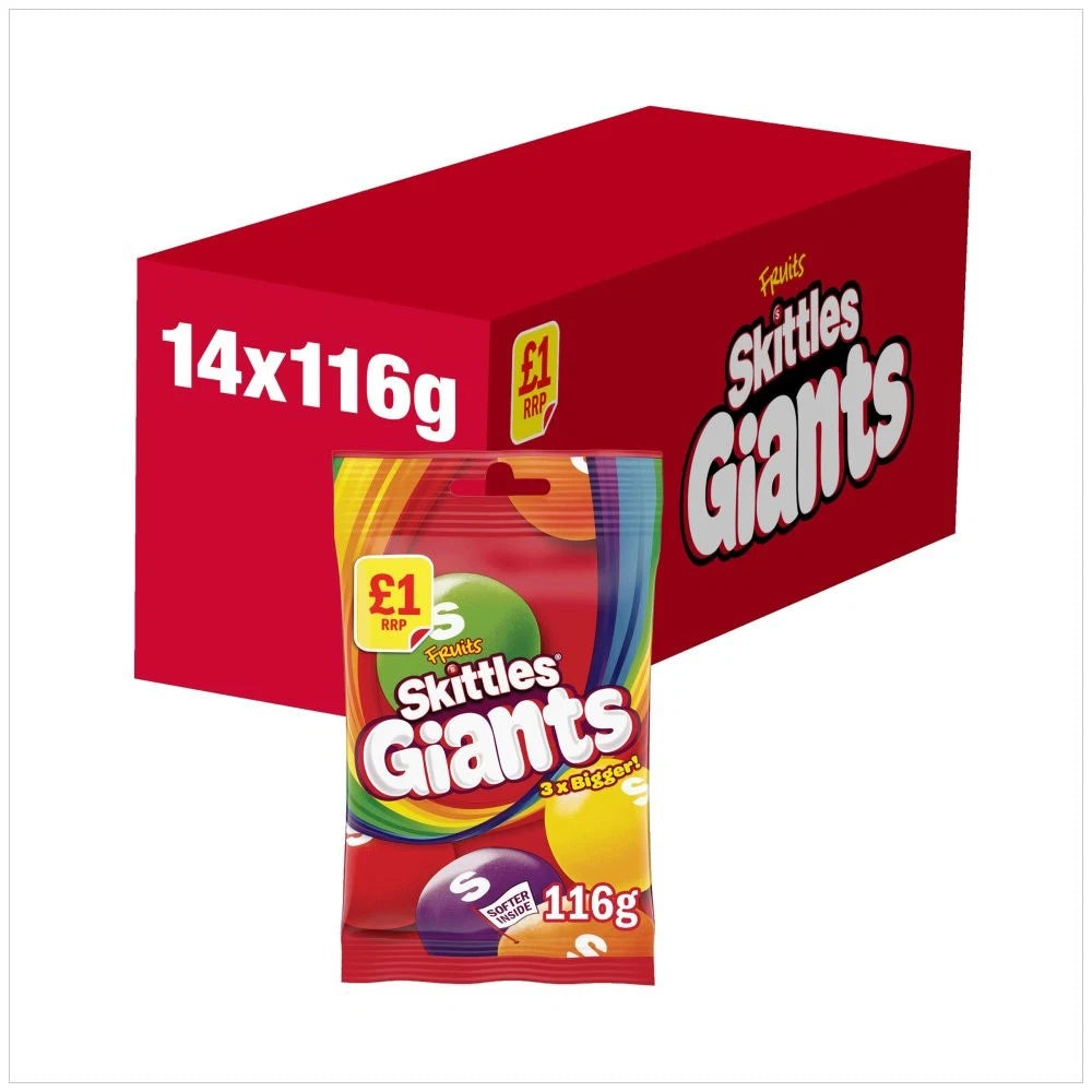 14x Skittles Giants Vegan Chewy Sweets Fruit Flavoured Treat Bag 116g