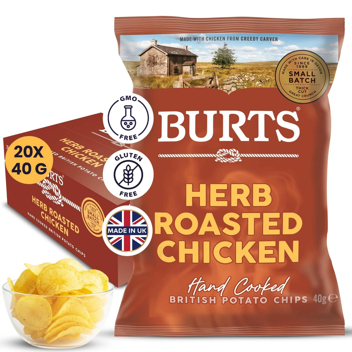 Box of Burts Herb Roasted Chicken 20 x 40g Bags Hand Cooked British Crisp