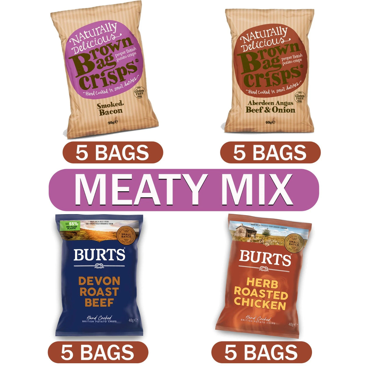 20 Mixed Bags of Brown Bag and Burts Crisps 40g - Hand Cooked- Meaty Mix