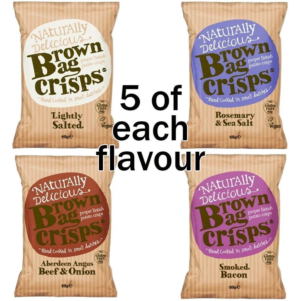 Mixed Box of 20 Bags of Brown Bag Crisps 40g - Hand Cooked Crisp
