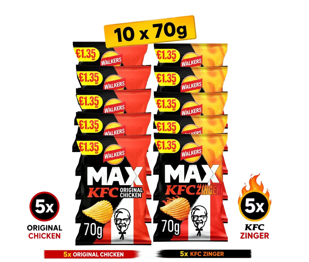 5 of each Mix of Walkers MAX KFC Zinger &amp; Original Chicken Flavour Crisps 70g