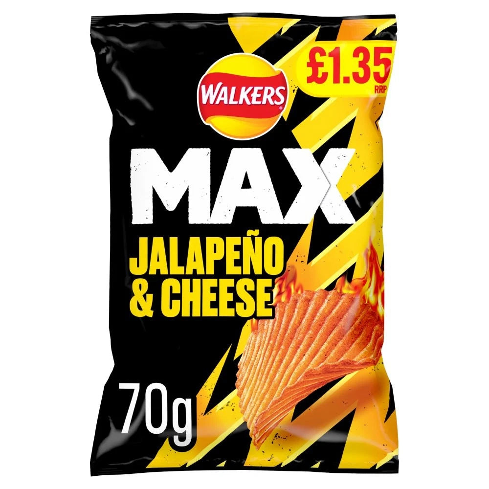 Full Box of 15 Walkers MAX Jalapeno &amp; Cheese Sharing Crisps 70g PMP RRP £1.35