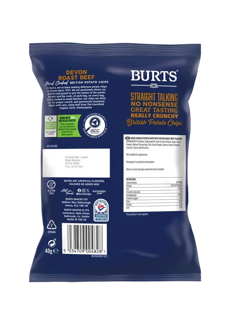 Box of Burts Devon Roast Beef Crisps 20 x 40g Bags Hand Cooked British Crisp