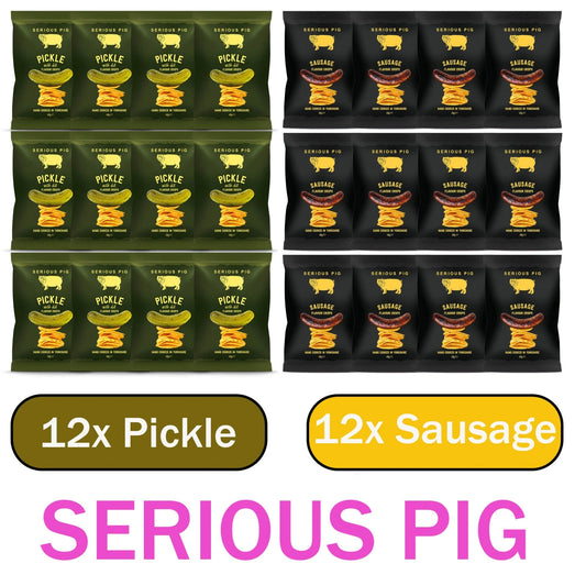 Mixed 24 Bags of Serious Pig Crisps - 12 x Sausage and 12x Pickle with Dill