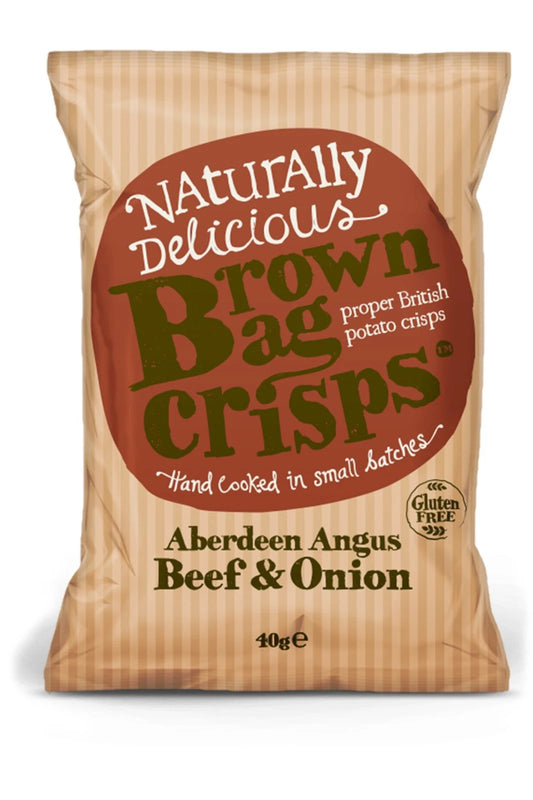 20 Bags of Brown Bag Crisps Aberdeen Angus Beef &amp; Onion 40g - Hand Cooked Crisp