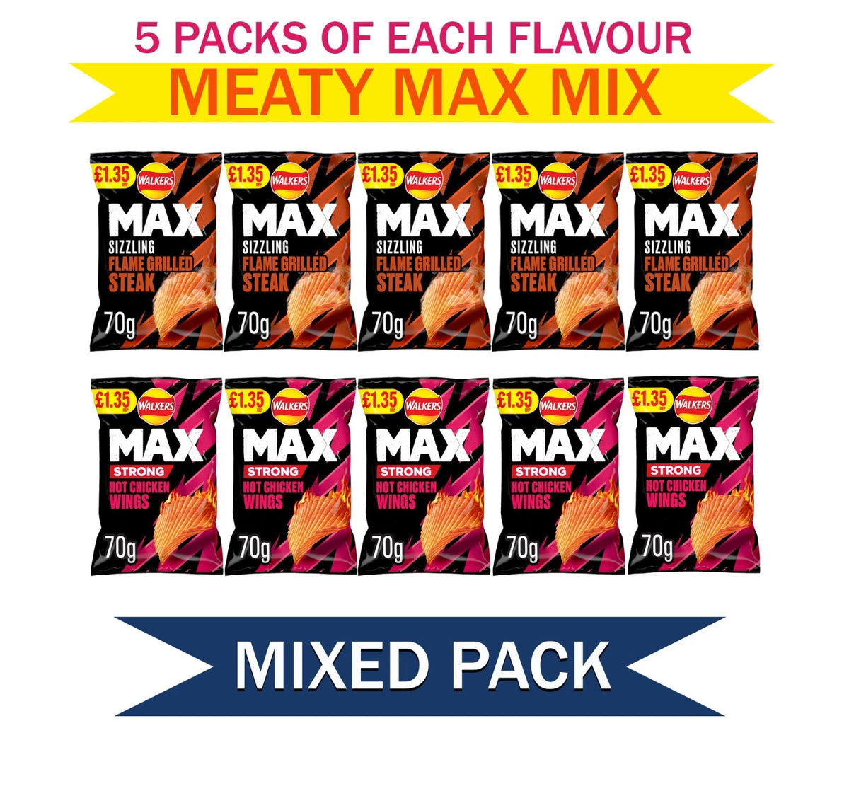 Mix of 10 x 70g Walkers MAX Flame Grilled Steak and Hot Chicken Wings Crisps
