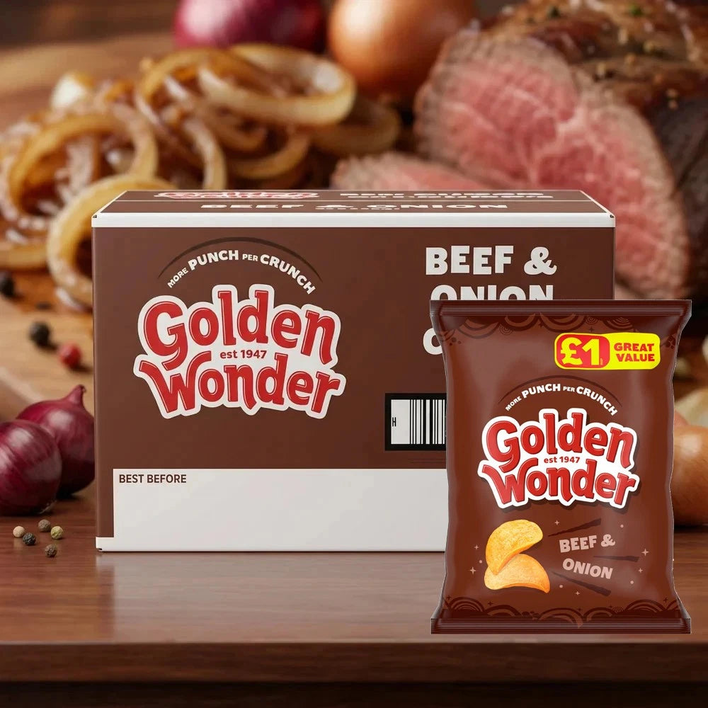 Full Box of Golden Wonder Beef and Onion Crisps 57g x 18 Pack - £1 Bags