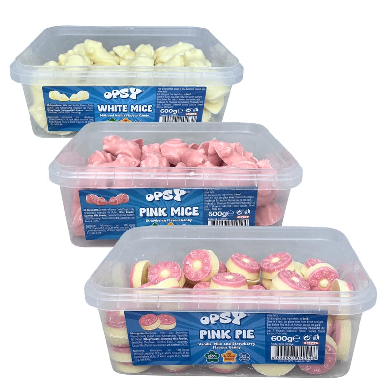 Mixed Selection of 600g Opsy White Mice, Pink Mice and Pink Pie - 1 of each Tubs