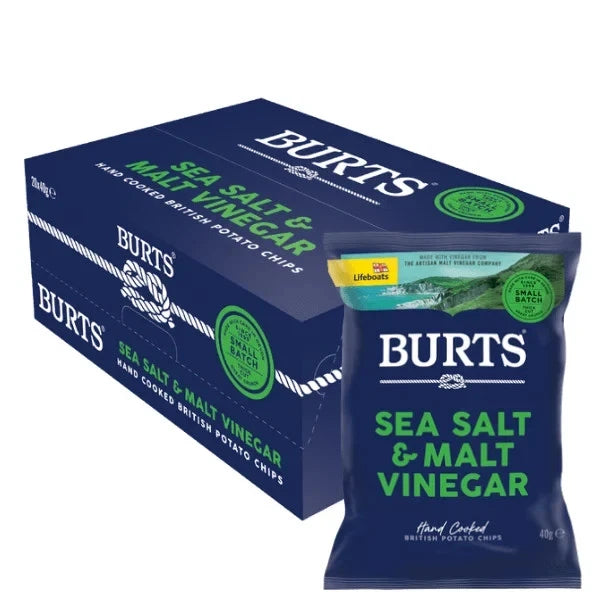Box of Burts Sea Salt and Malt Vinegar Crisps 20 x 40g Bags - Hand Cooked Crisp